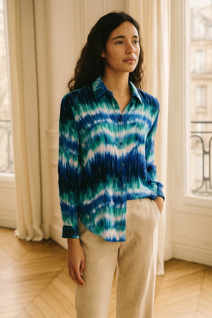 Chico's Green Blue Watercolor Crinkle Long Sleeve Top 2